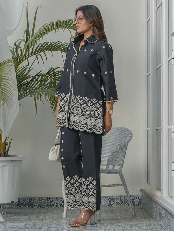 women solid with work three quarter sleeve ethnic co-ord set - 22282211 -  Standard Image - 3