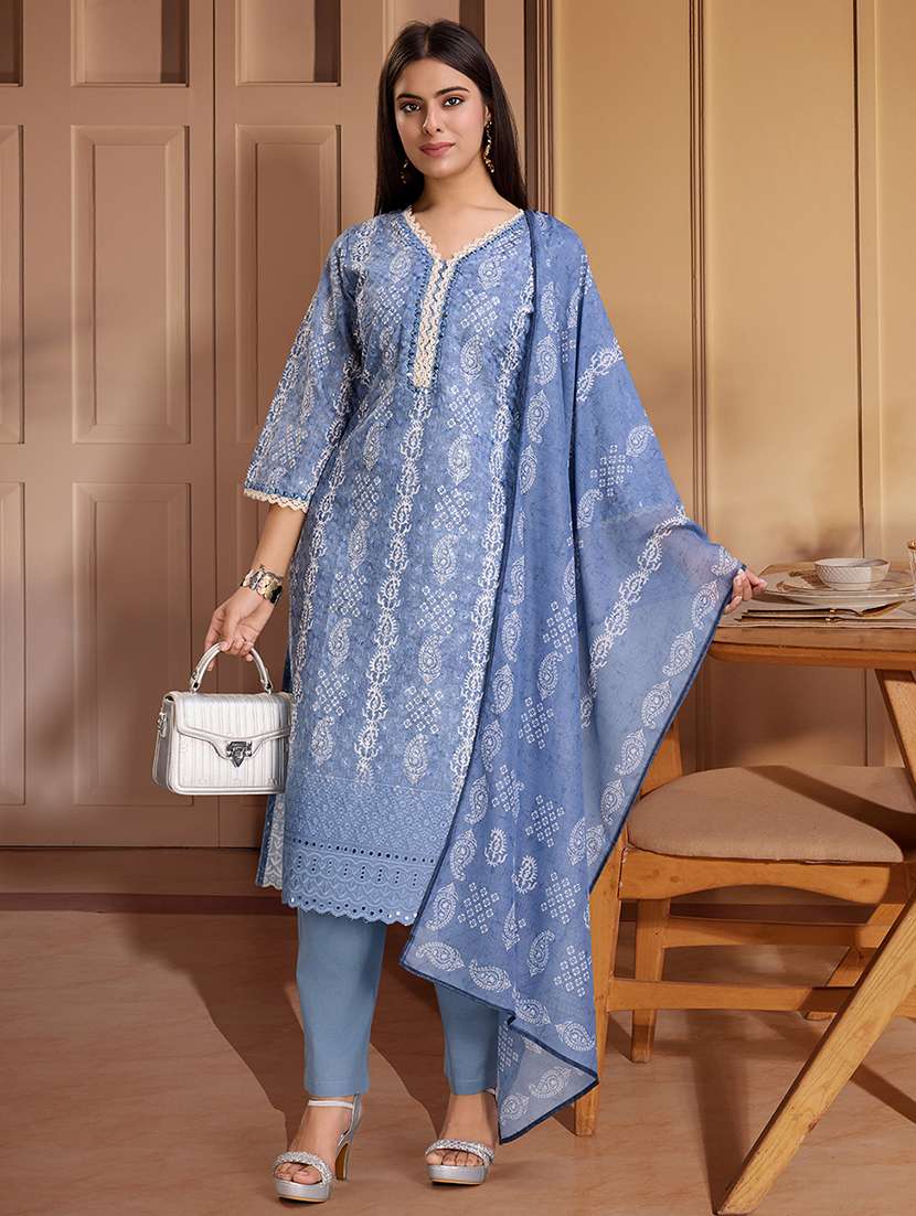 women printed three quarter sleeve kurta pant with dupatta set