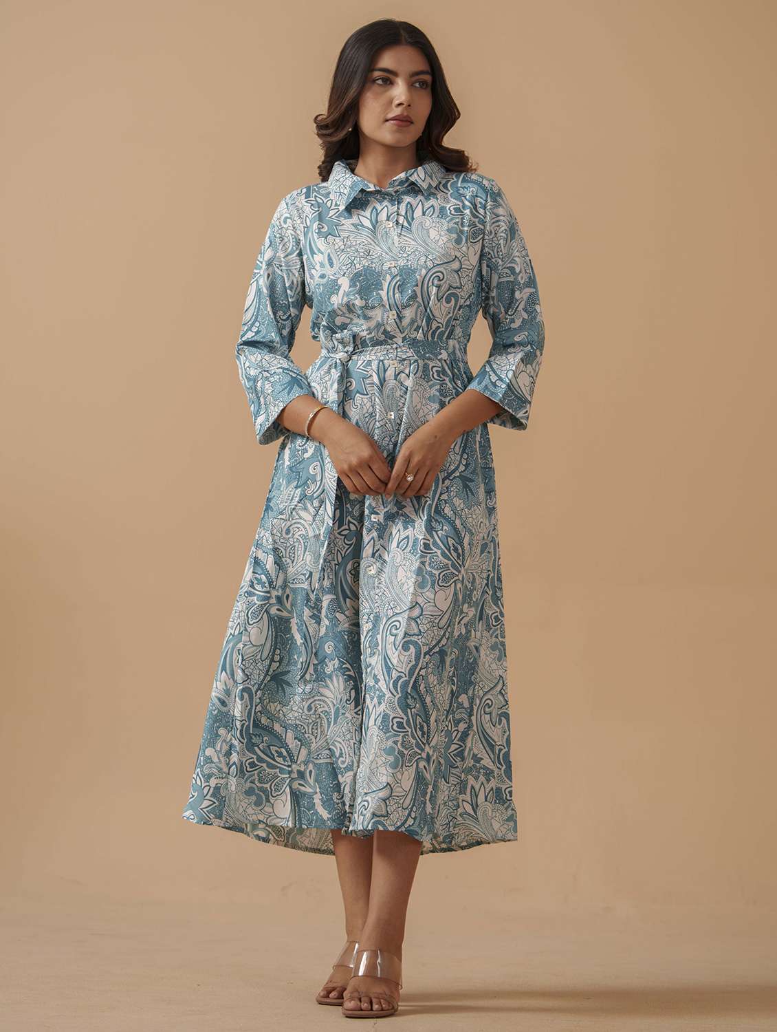 women printed collared fit & flare dress