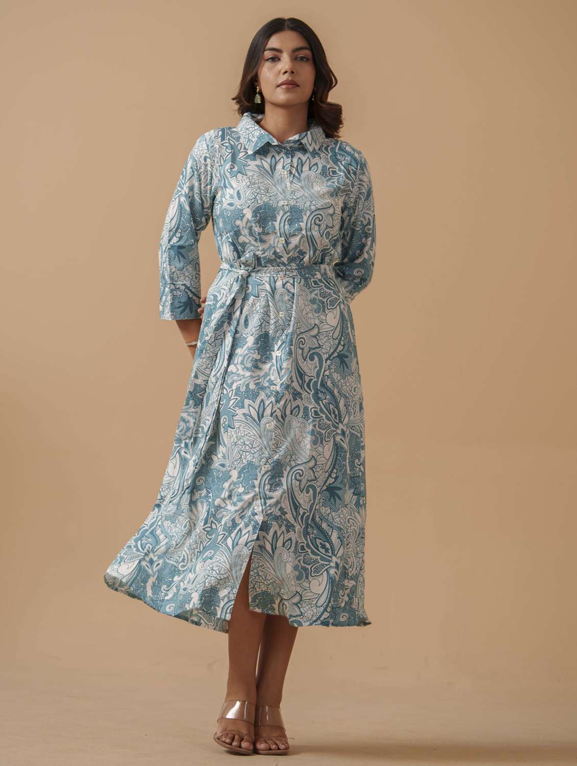 women printed collared fit & flare dress - 22282213 -  Standard Image - 3