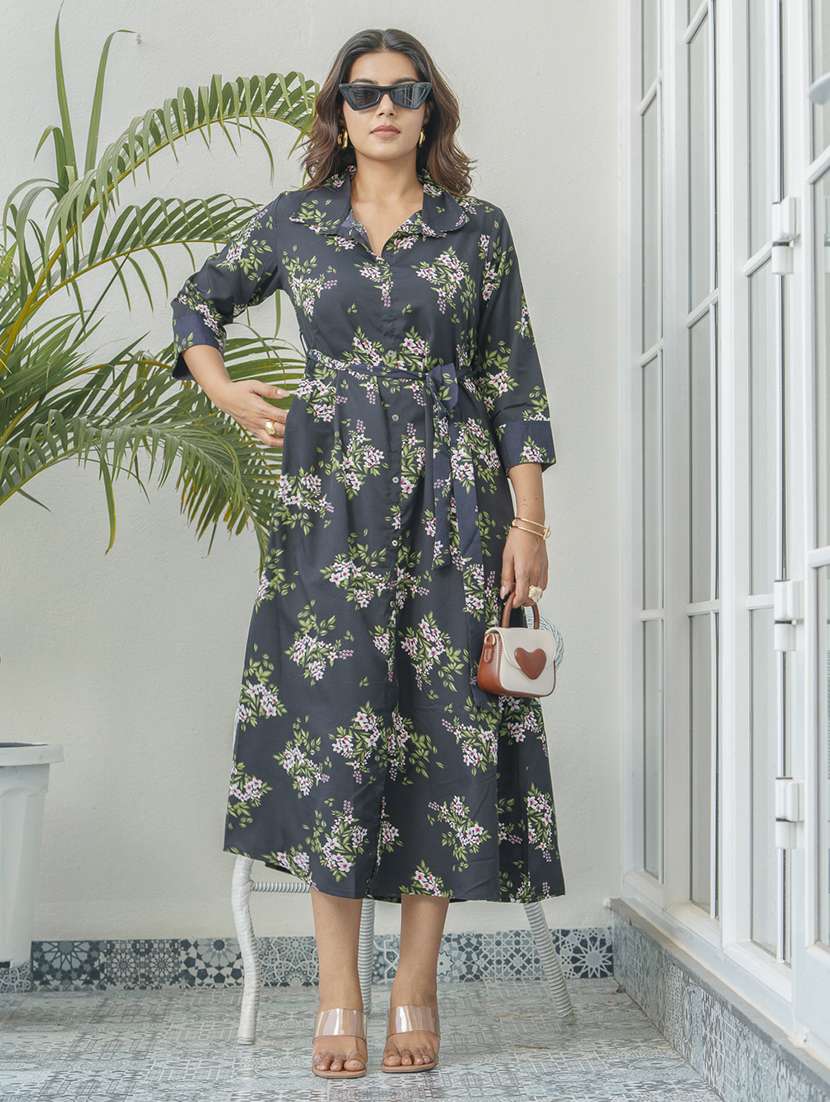 women floral print collared fit & flare dress