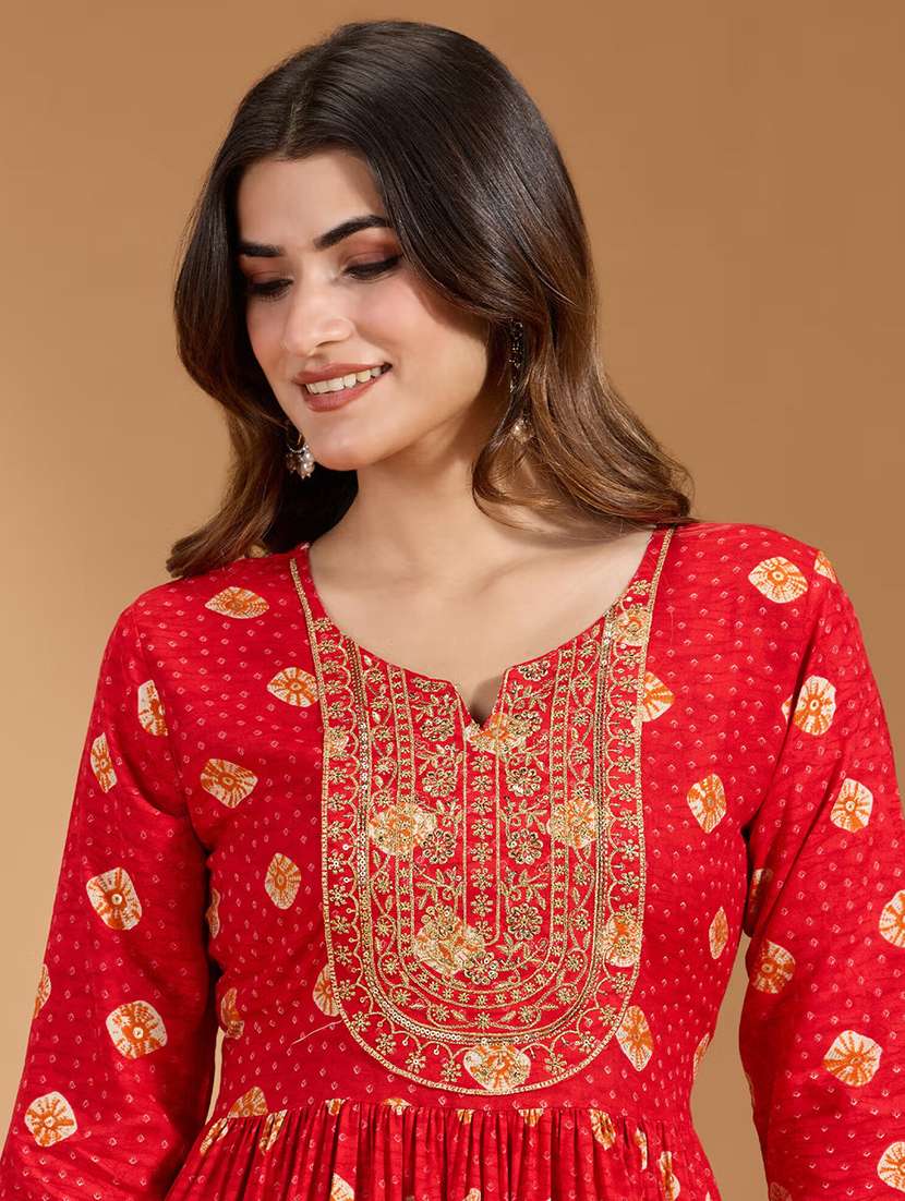 women printed three quarter sleeve a-line ethnic dress - 22282215 -  Standard Image - 5