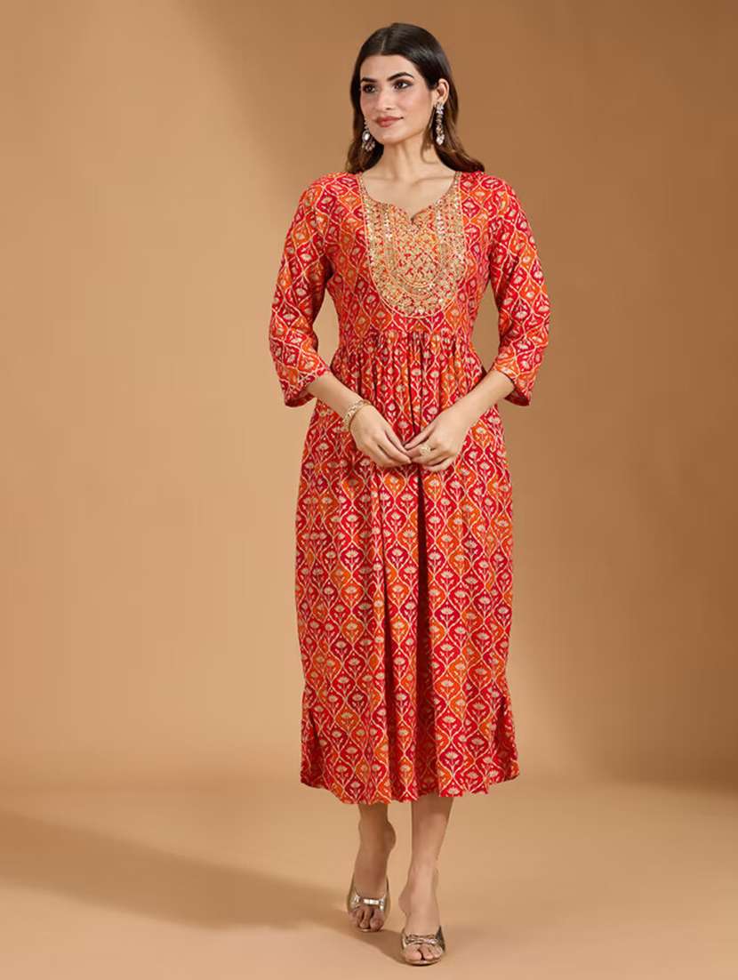 women printed three quarter sleeve a-line ethnic dress