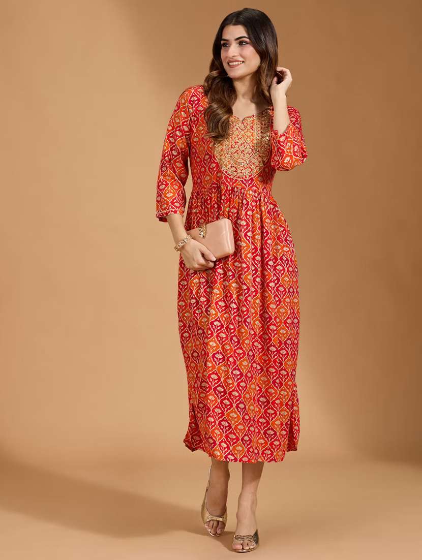 women printed three quarter sleeve a-line ethnic dress - 22282217 -  Standard Image - 3