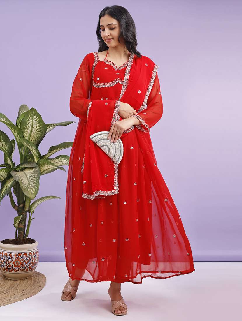 women solid with work long sleeve kurta with dupatta set