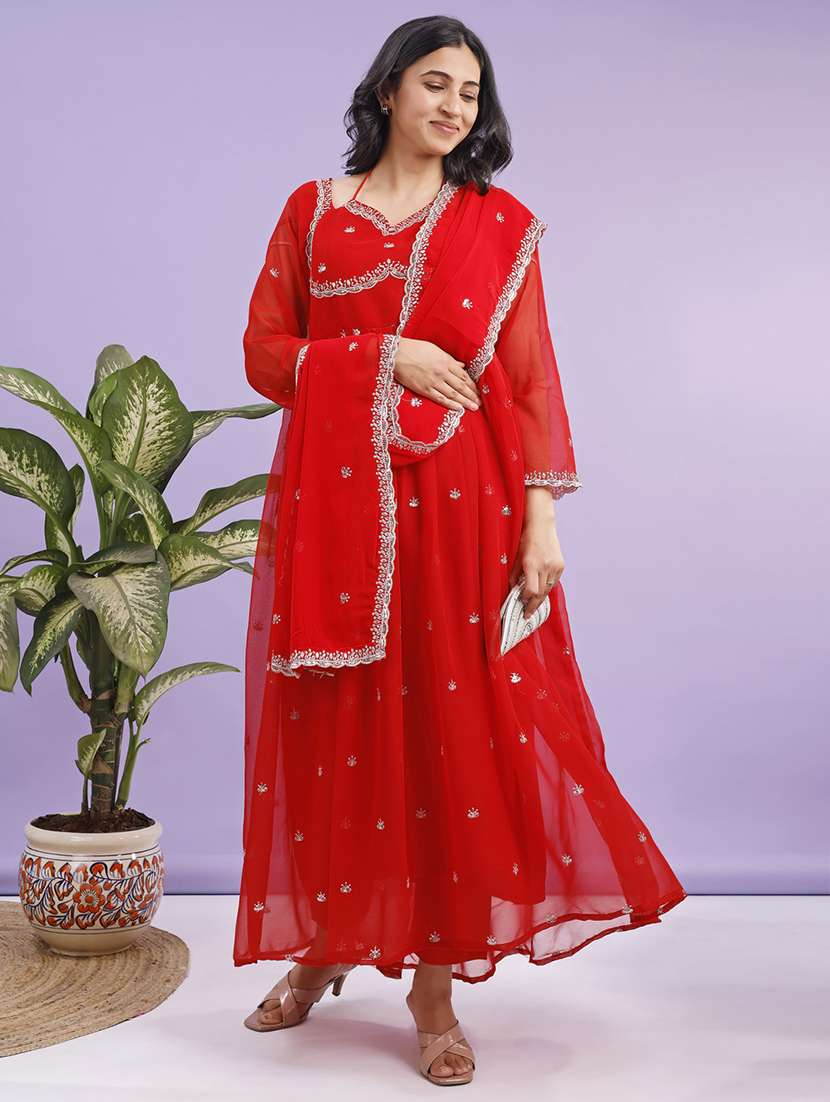 women solid with work long sleeve kurta with dupatta set - 22282296 -  Standard Image - 3