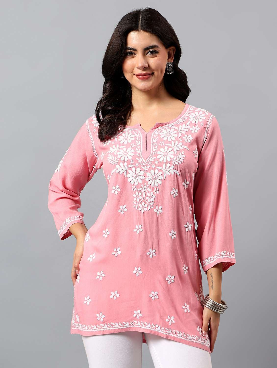 women solid with work three quarter sleeve straight kurti