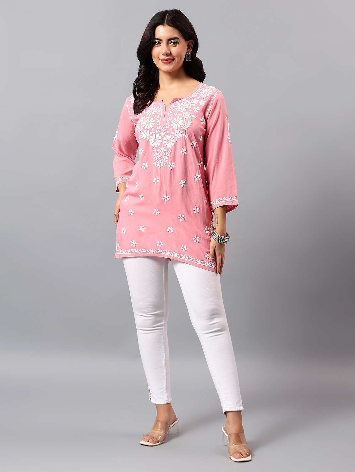 women solid with work three quarter sleeve straight kurti - 22282298 -  Standard Image - 3