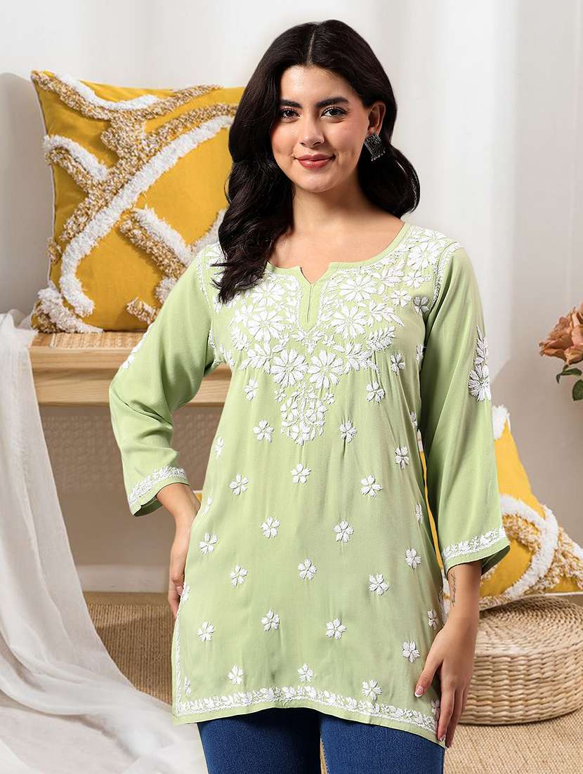 women solid with work three quarter sleeve straight kurti