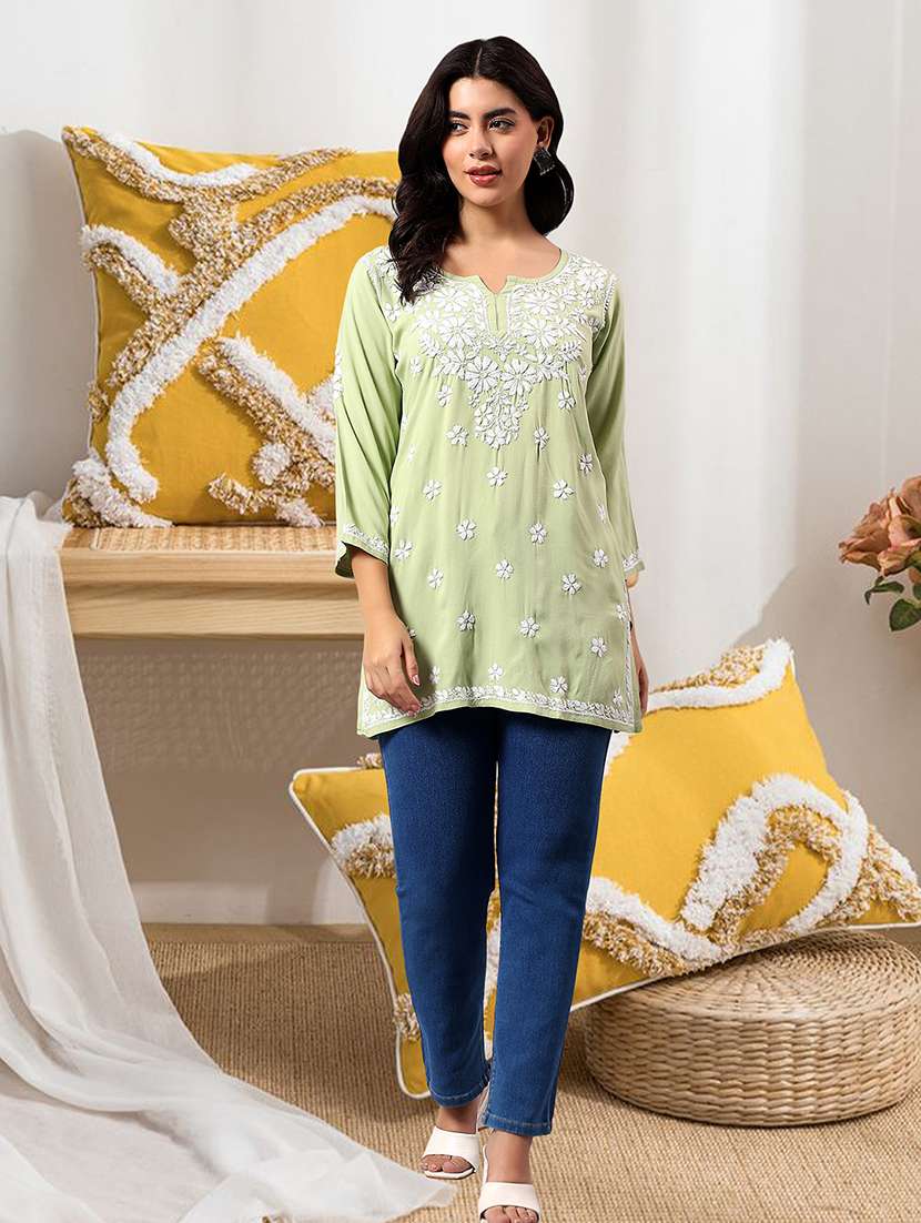 Women Solid With Work Three Quarter Sleeve Straight Kurti - 22282299 -  Standard Image - 3