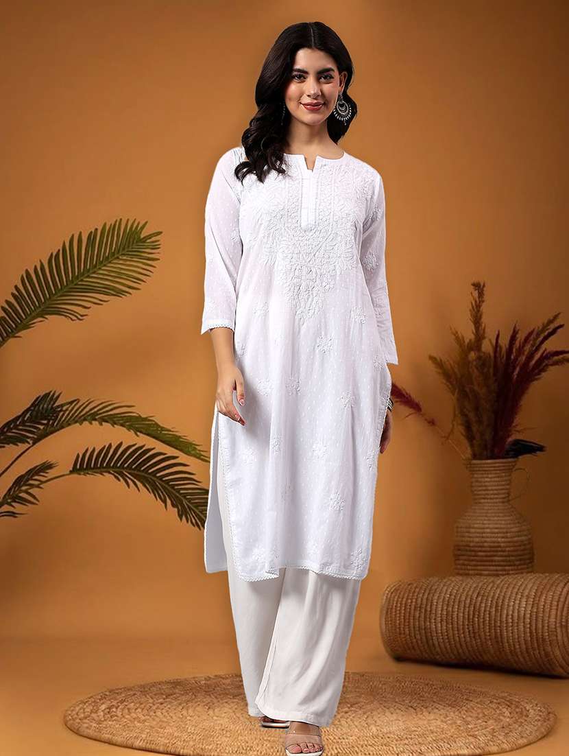 women solid with work three quarter sleeve straight kurta