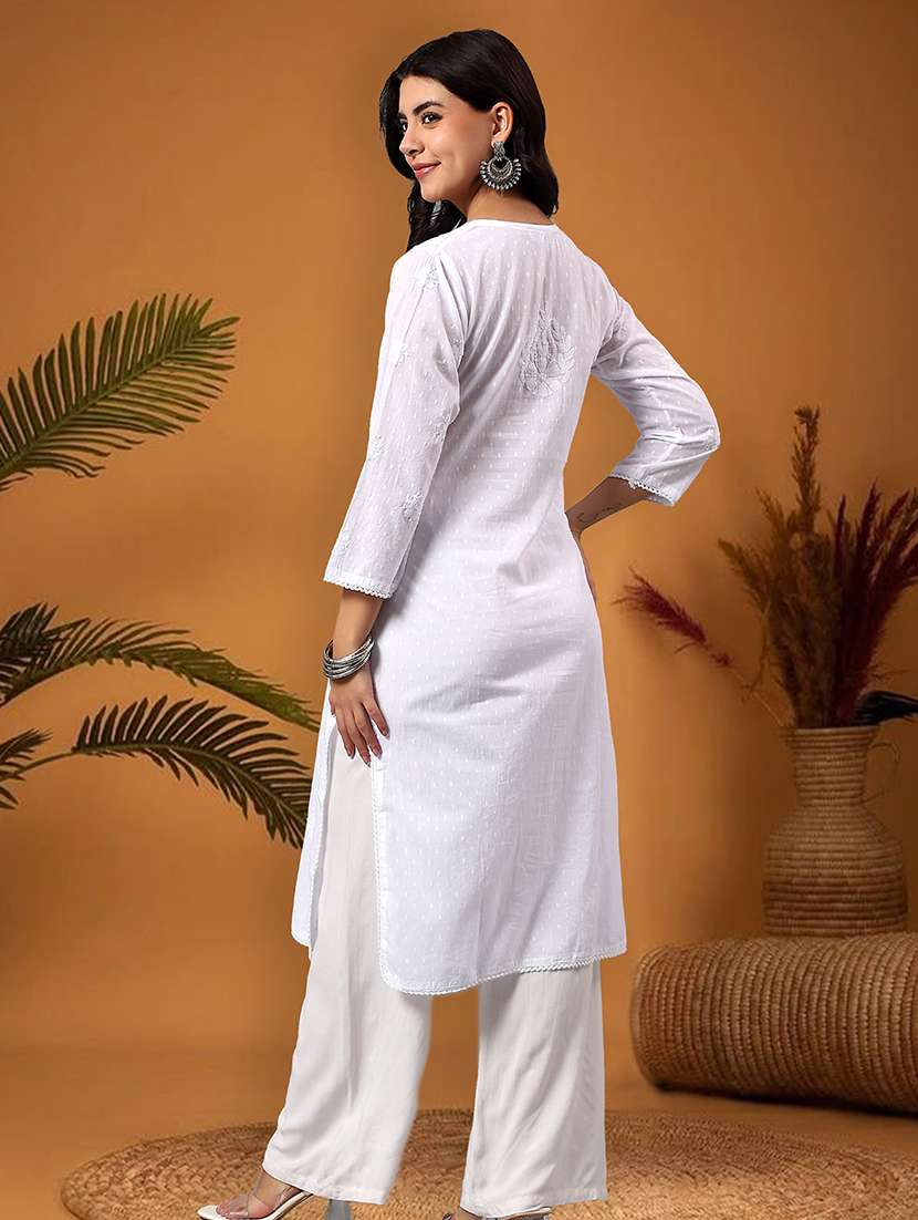 women solid with work three quarter sleeve straight kurta - 22282338 -  Standard Image - 3