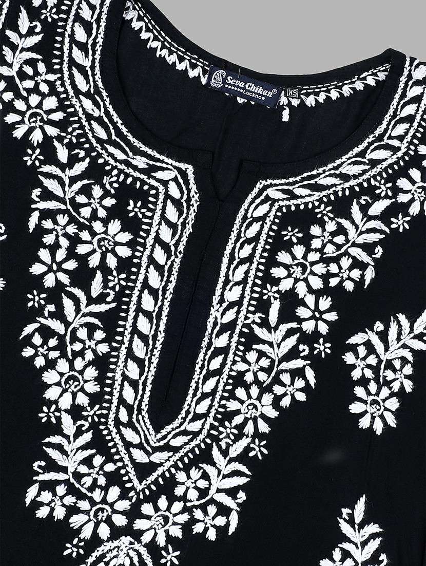 women solid with work three quarter sleeve straight kurta - 22282340 -  Standard Image - 3