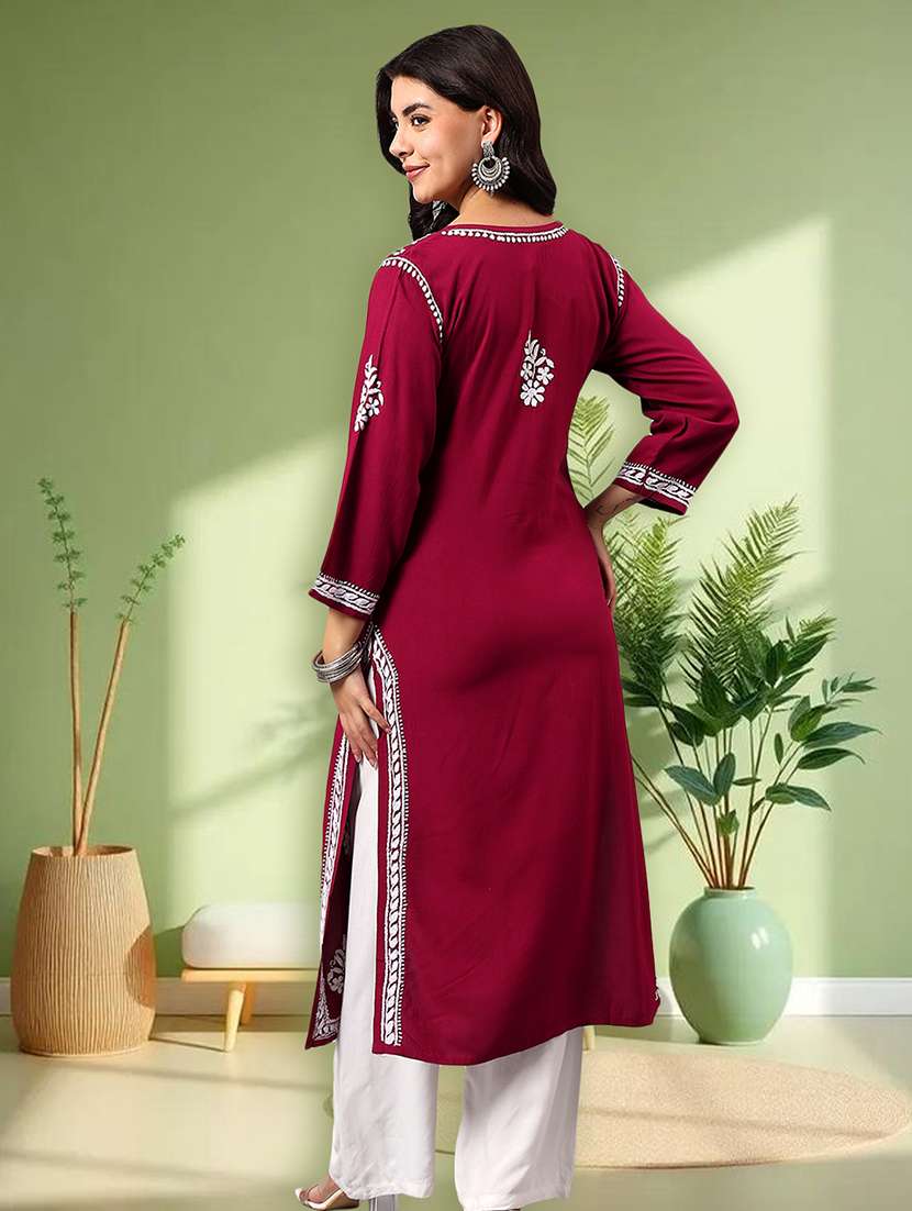 women solid with work three quarter sleeve straight kurta - 22282341 -  Standard Image - 3