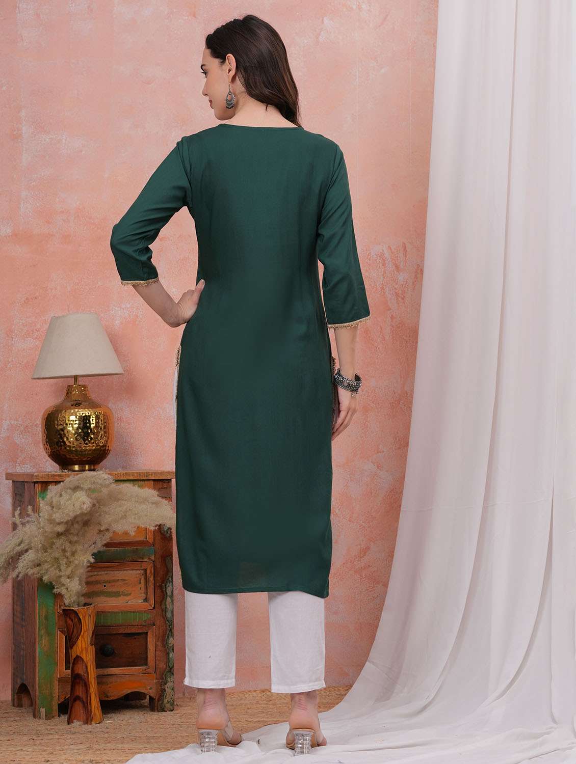 women solid with work three quarter sleeve straight kurta - 22282367 -  Standard Image - 3