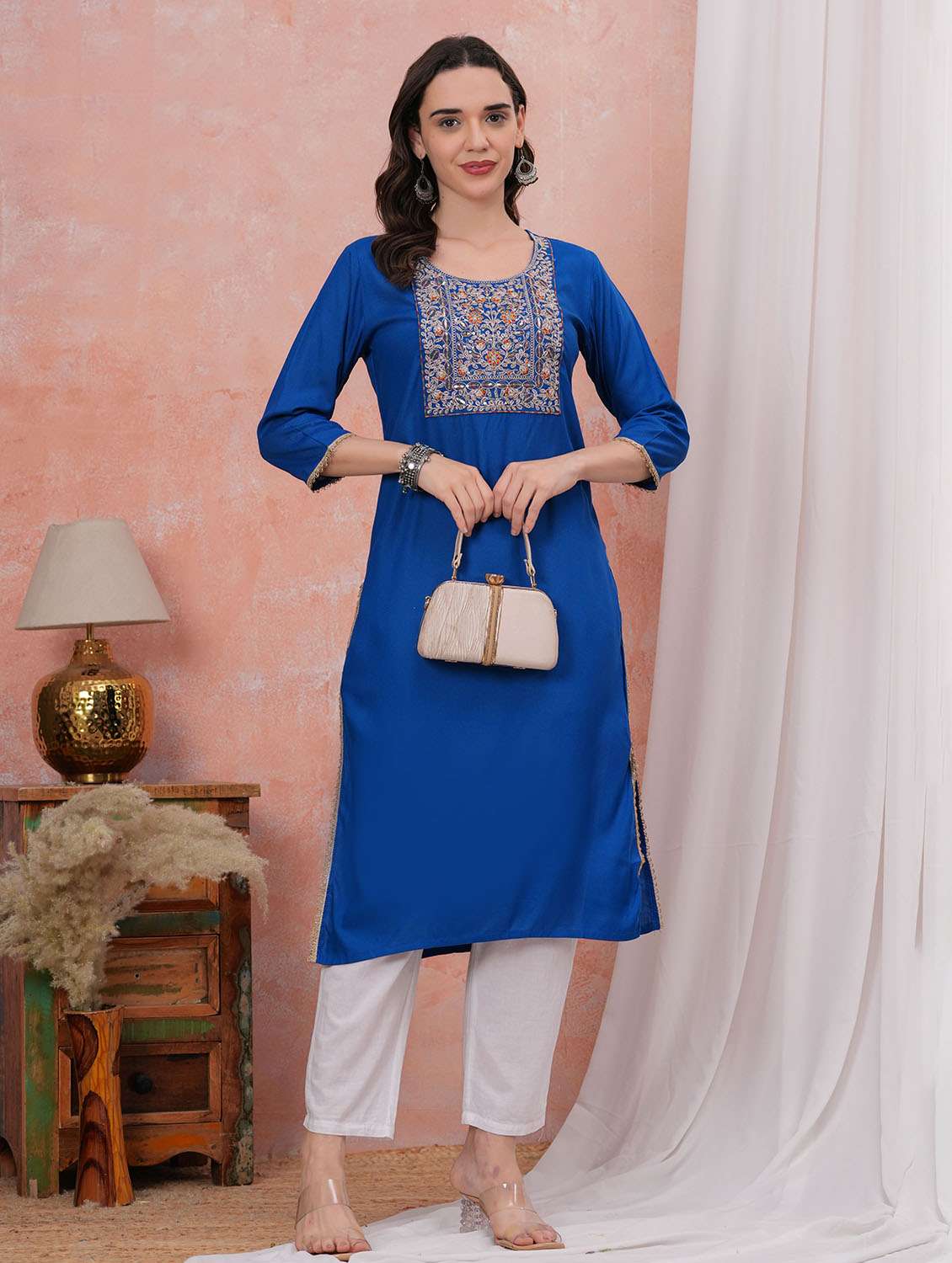 women solid with work three quarter sleeve straight kurta