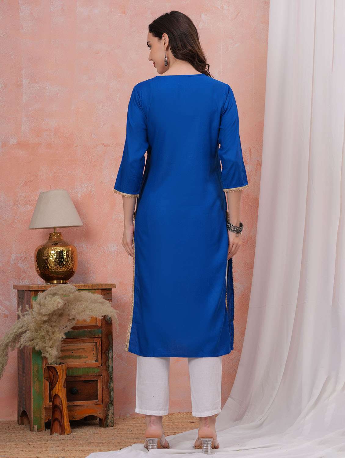 women solid with work three quarter sleeve straight kurta - 22282368 -  Standard Image - 3