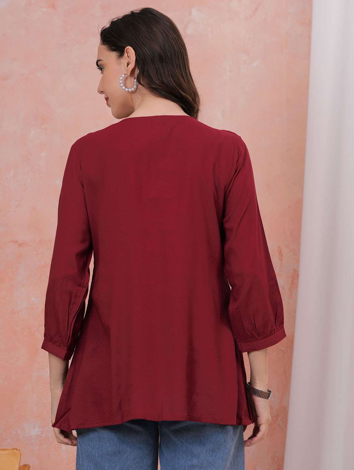 women solid with work three quarter sleeve a-line tunic - 22282371 -  Standard Image - 3