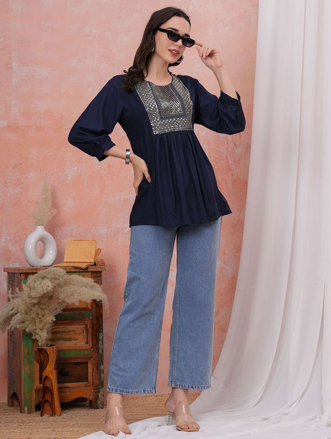 women solid with work three quarter sleeve a-line tunic - 22282372 -  Standard Image - 3