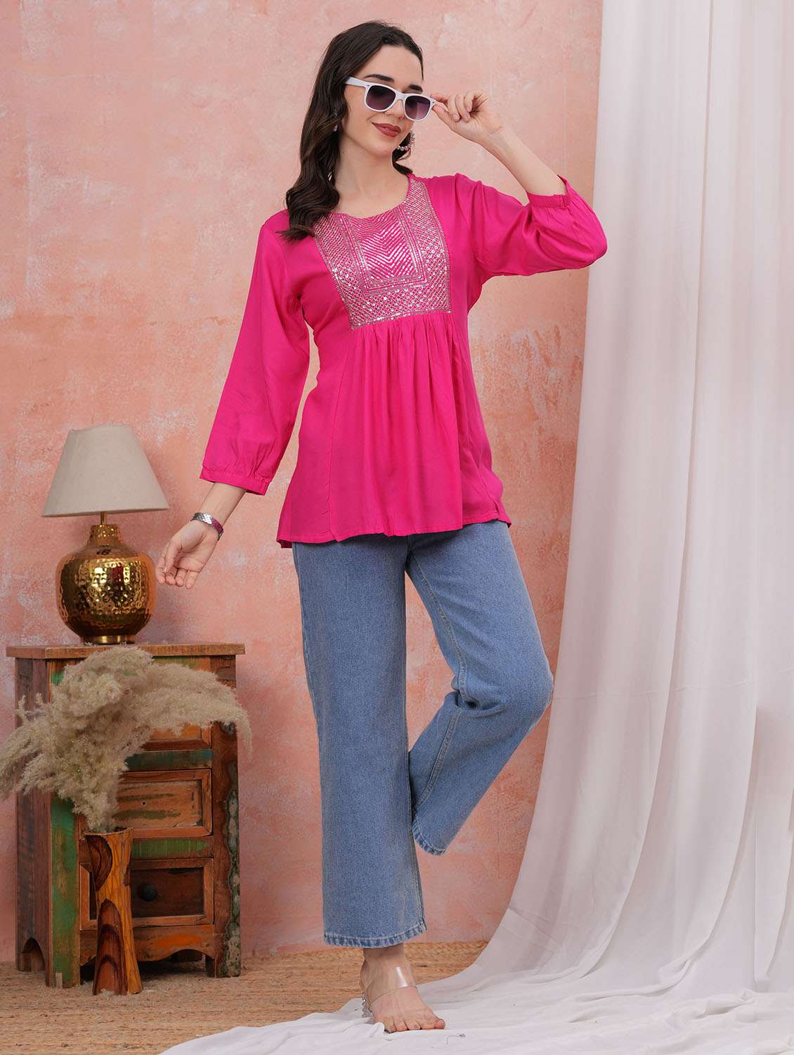 women solid with work three quarter sleeve a-line tunic - 22282373 -  Standard Image - 3