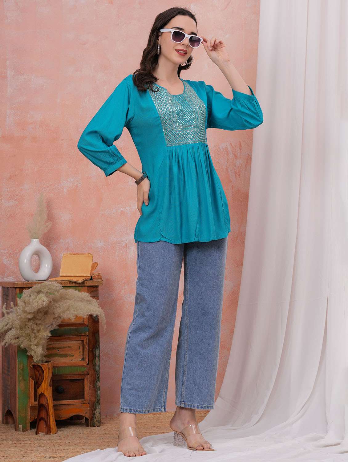 women solid with work three quarter sleeve a-line tunic - 22282374 -  Standard Image - 3