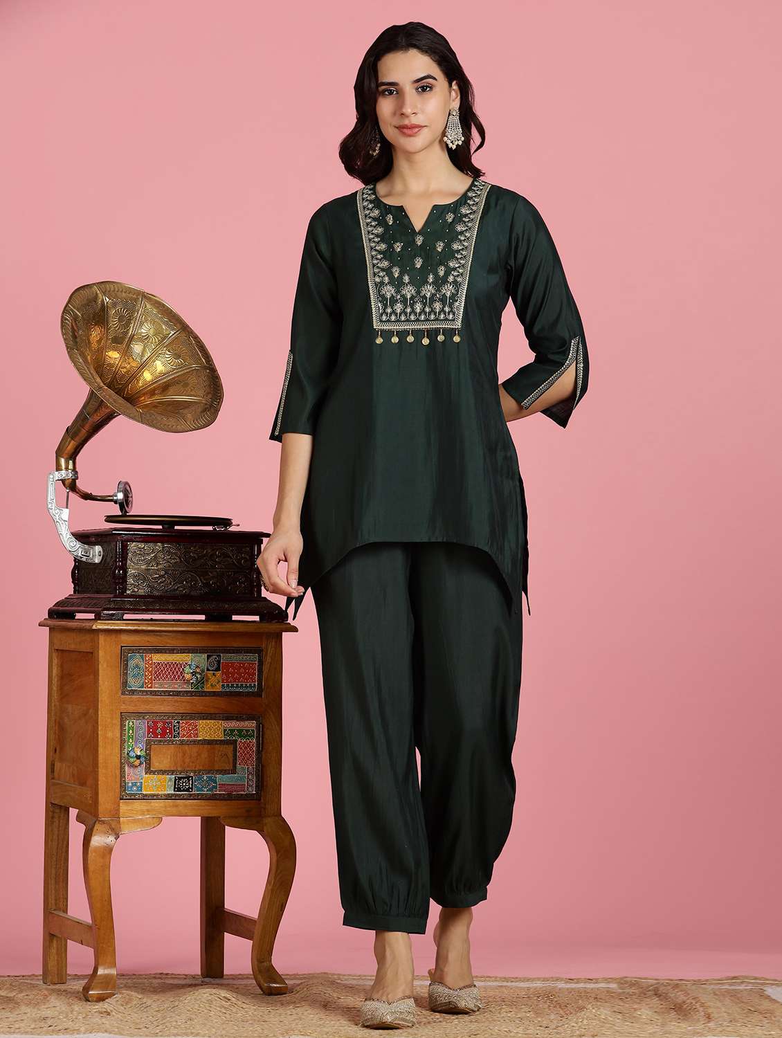 women solid with work three quarter sleeve ethnic co-ord set