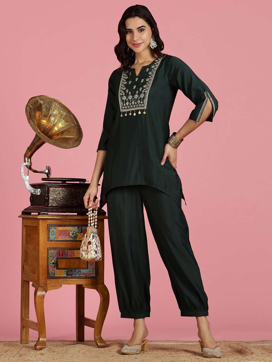 women solid with work three quarter sleeve ethnic co-ord set - 22282394 -  Standard Image - 3