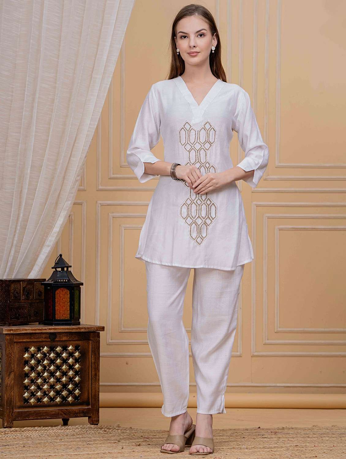 women three quarter sleeve ethnic co-ord set