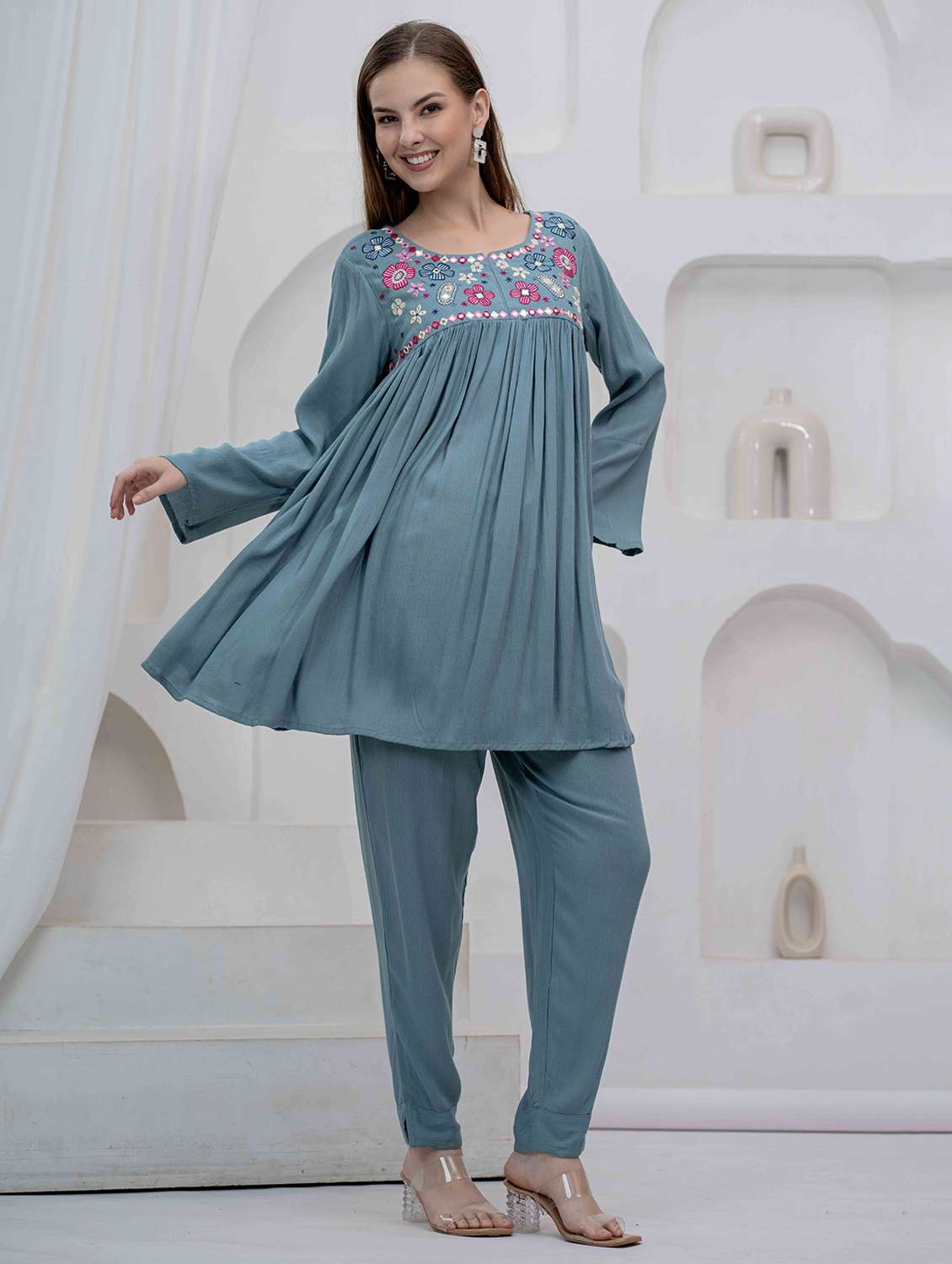 women embroidered long sleeve co-ord set