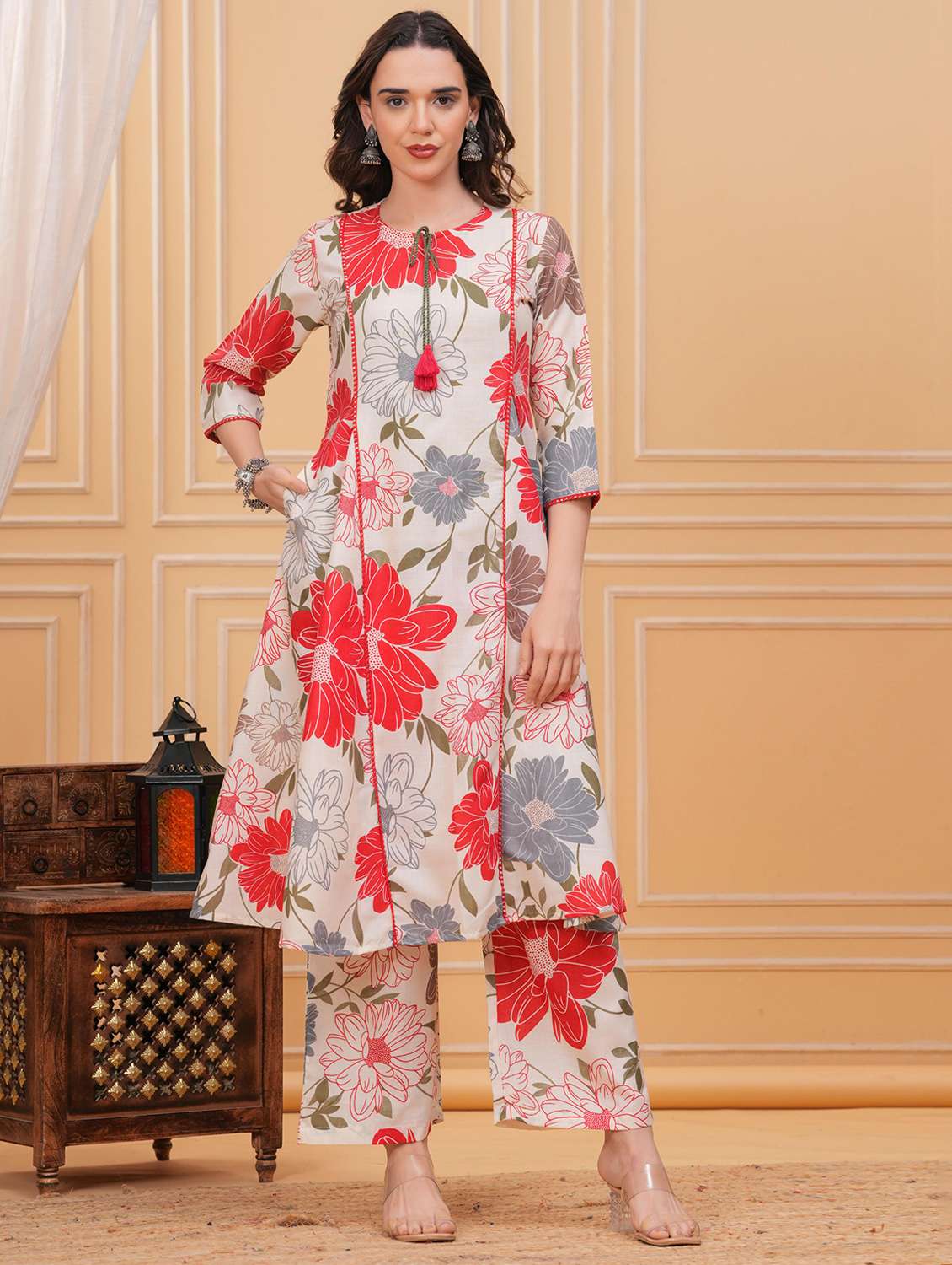 women floral print three quarter sleeve co-ord set