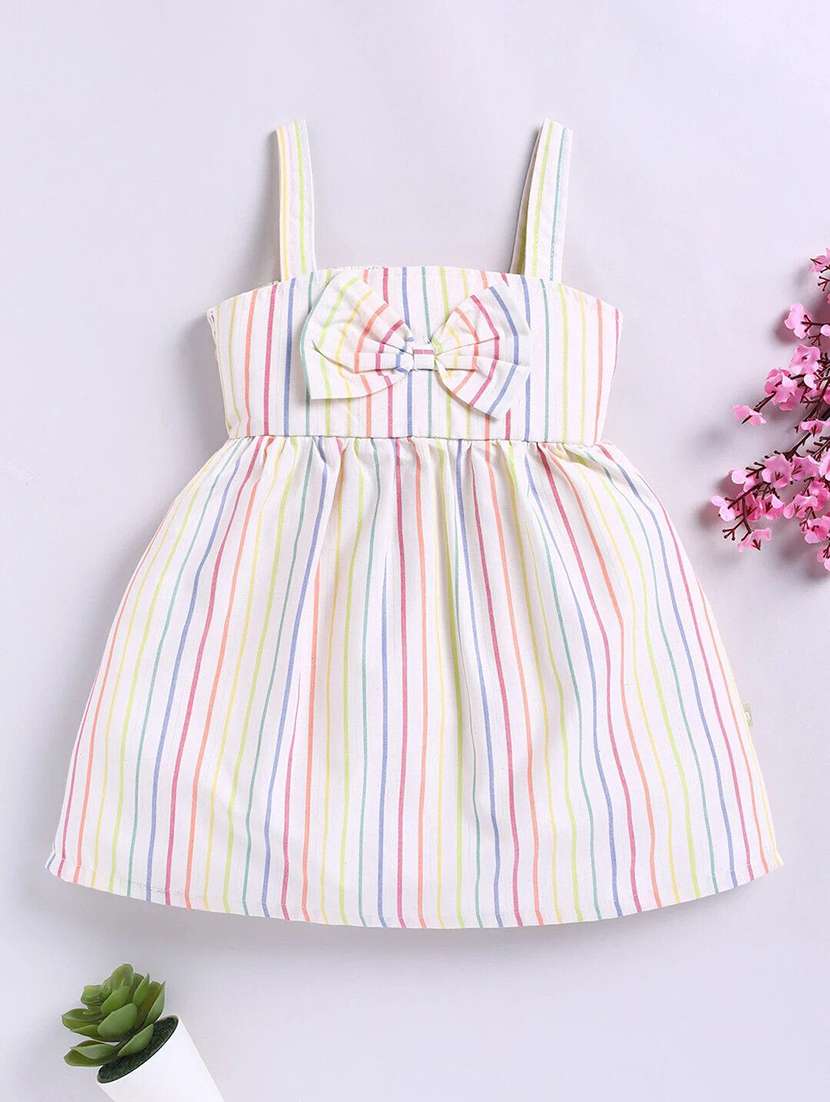 girls striped shoulder strap fit & flare dress