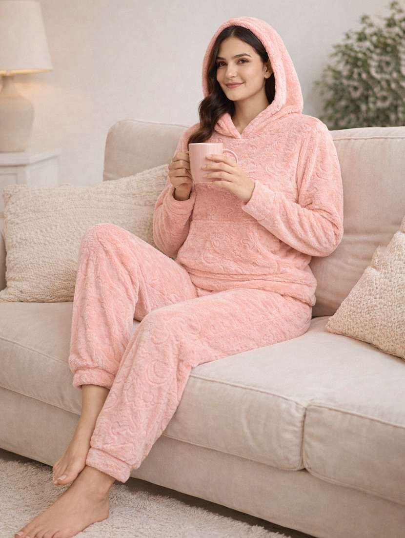women solid long sleeve nightwear pyjama set