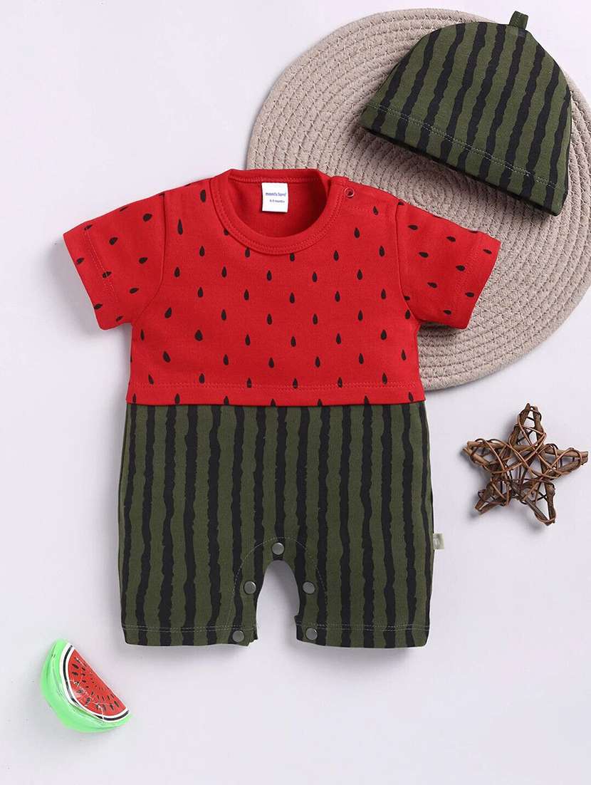 kids printed short sleeve romper with cap