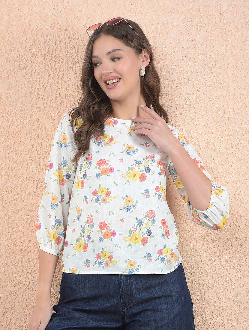 women printed puff sleeve regular top