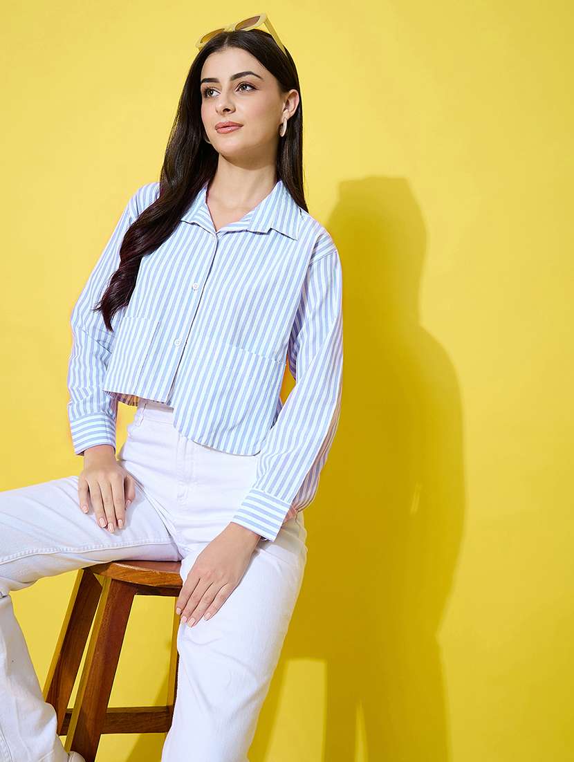 women striped collared long sleeve crop shirt - 22283664 -  Standard Image - 3