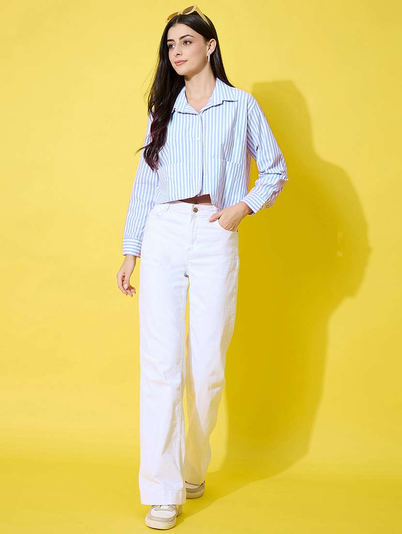 women striped collared long sleeve crop shirt - 22283664 -  Standard Image - 5