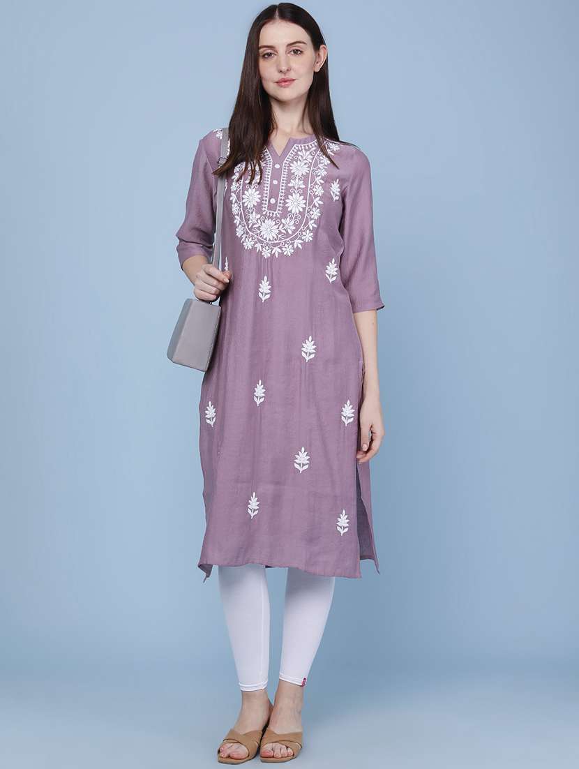 women embroidered three quarter sleeves straight kurta