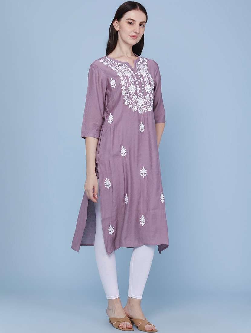 women embroidered three quarter sleeves straight kurta - 22284491 -  Standard Image - 3