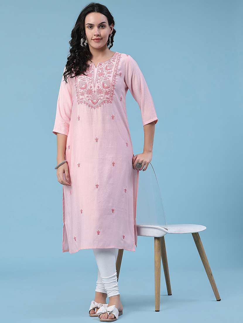 women embroidered three quarter sleeves straight kurta
