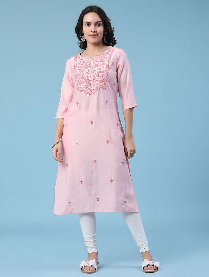 Women Embroidered Three Quarter Sleeves Straight Kurta - 22284492 -  Standard Image - 3