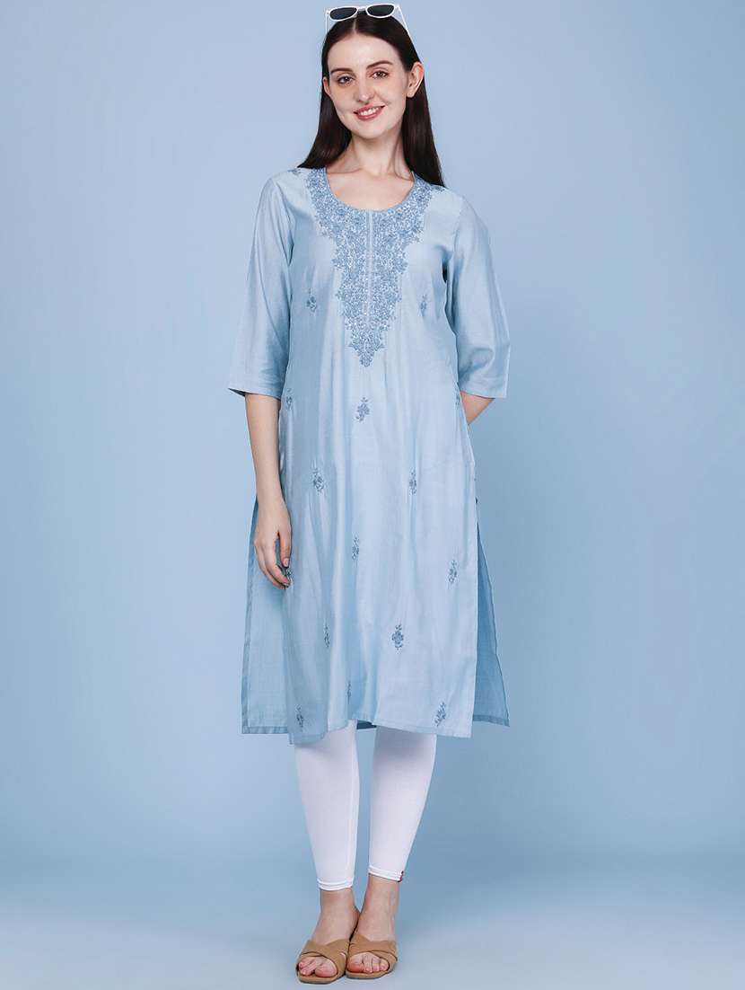 women embroidered three quarter sleeves straight kurta