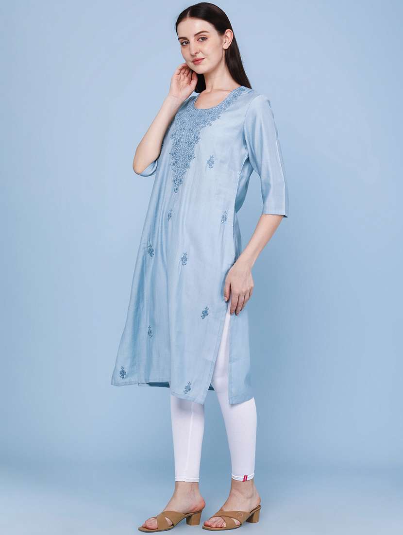 women embroidered three quarter sleeves straight kurta - 22284493 -  Standard Image - 3