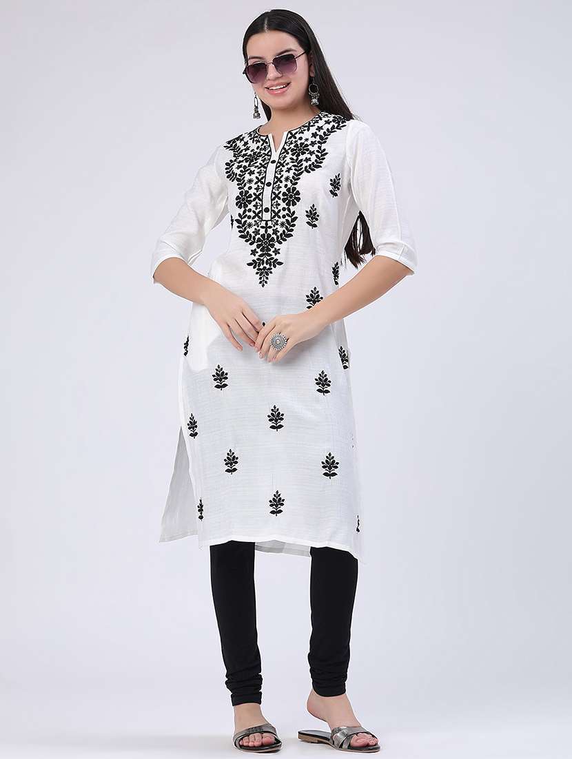 women embroidered three quarter sleeves straight kurta 