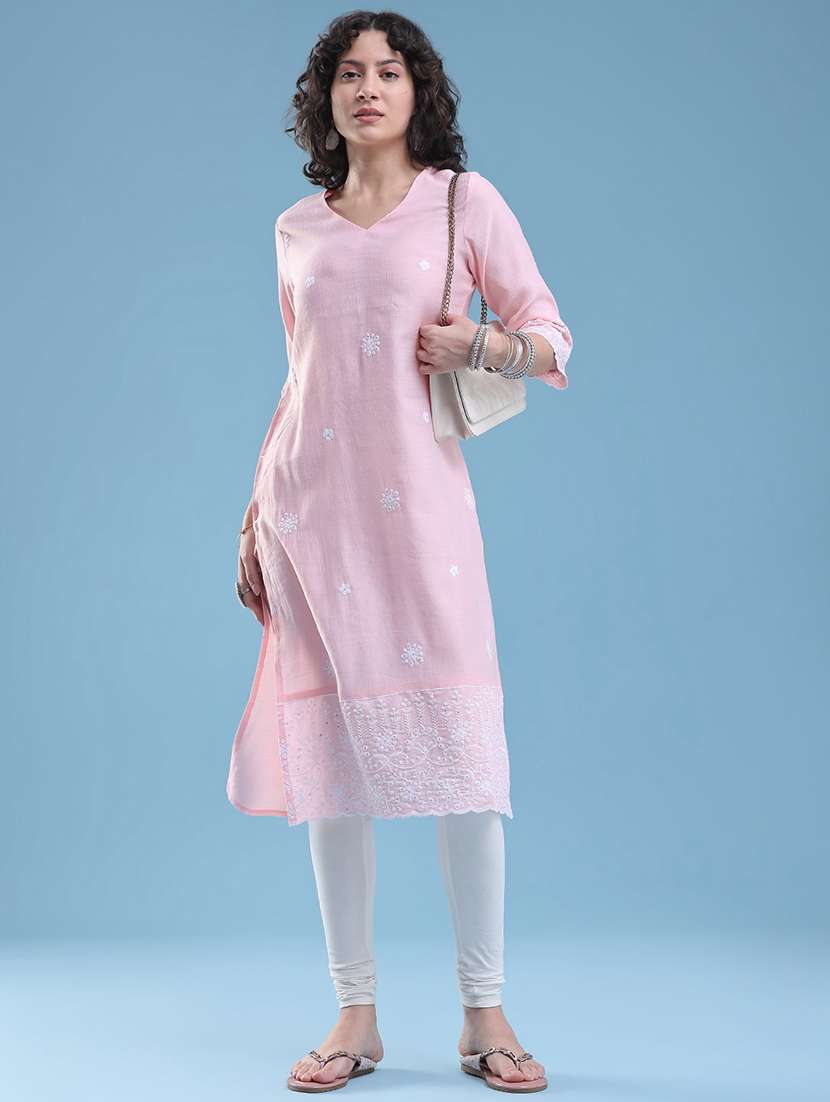 women embroidered three quarter sleeves straight kurta 