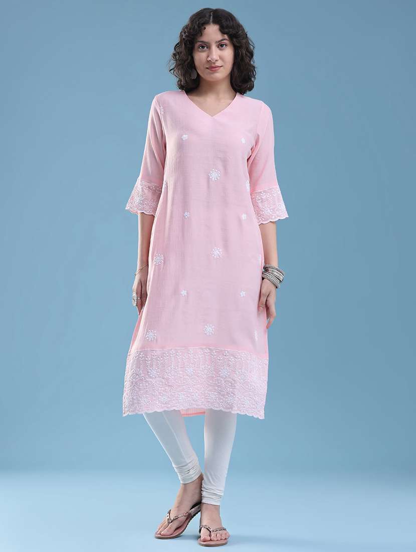 women embroidered three quarter sleeves straight kurta  - 22284495 -  Standard Image - 3