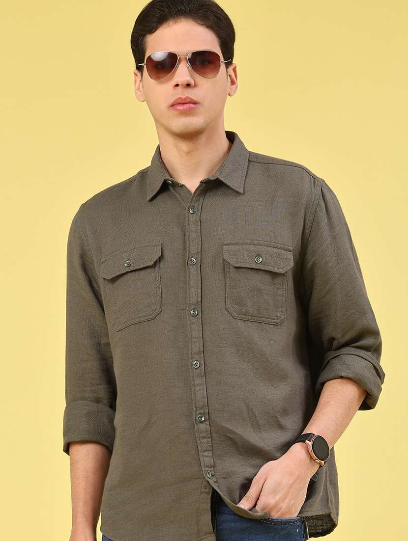 men olive cotton casual shirt