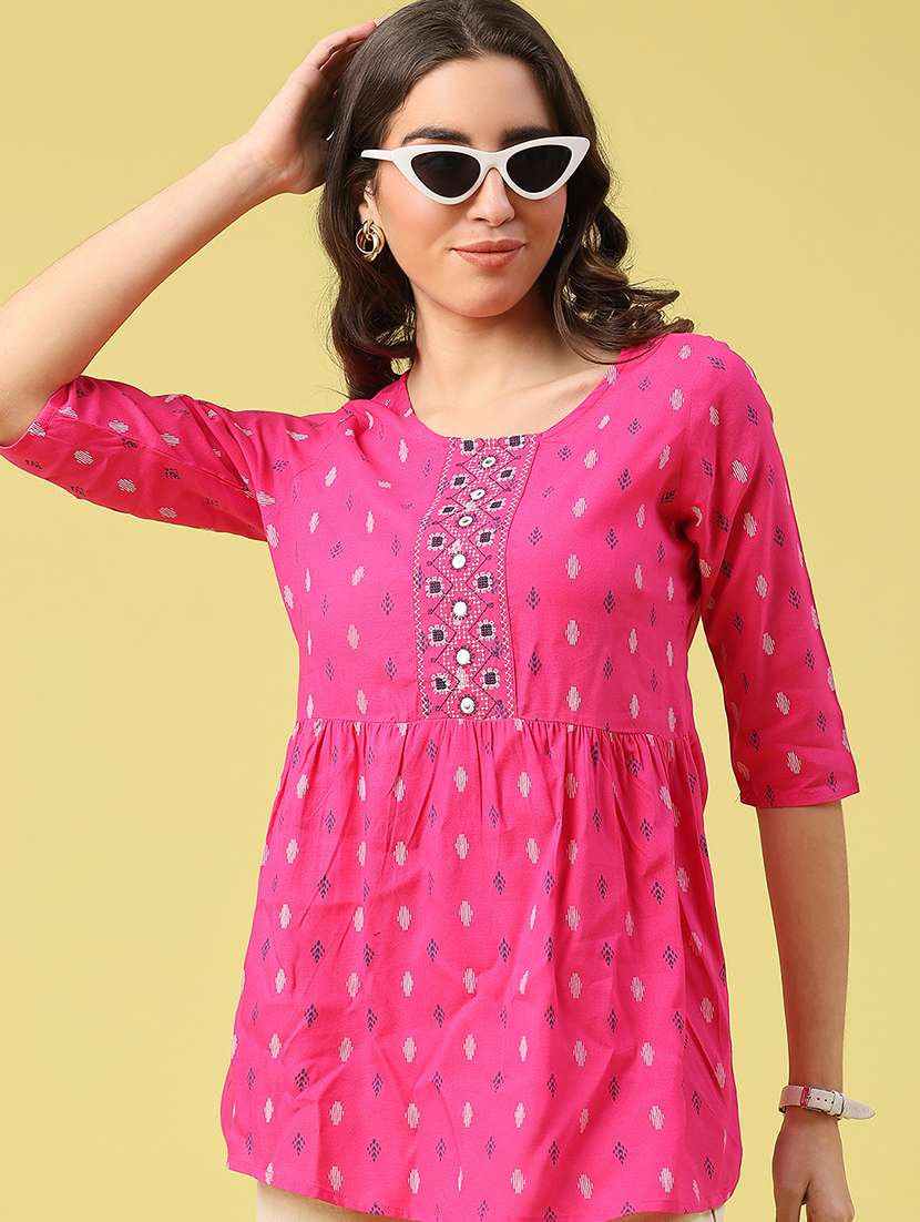 women printed three quarter sleeve a-line kurti