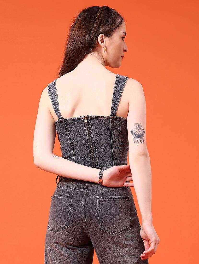 women solid sleeveless denim crop top - 22284954 -  Standard Image - 5