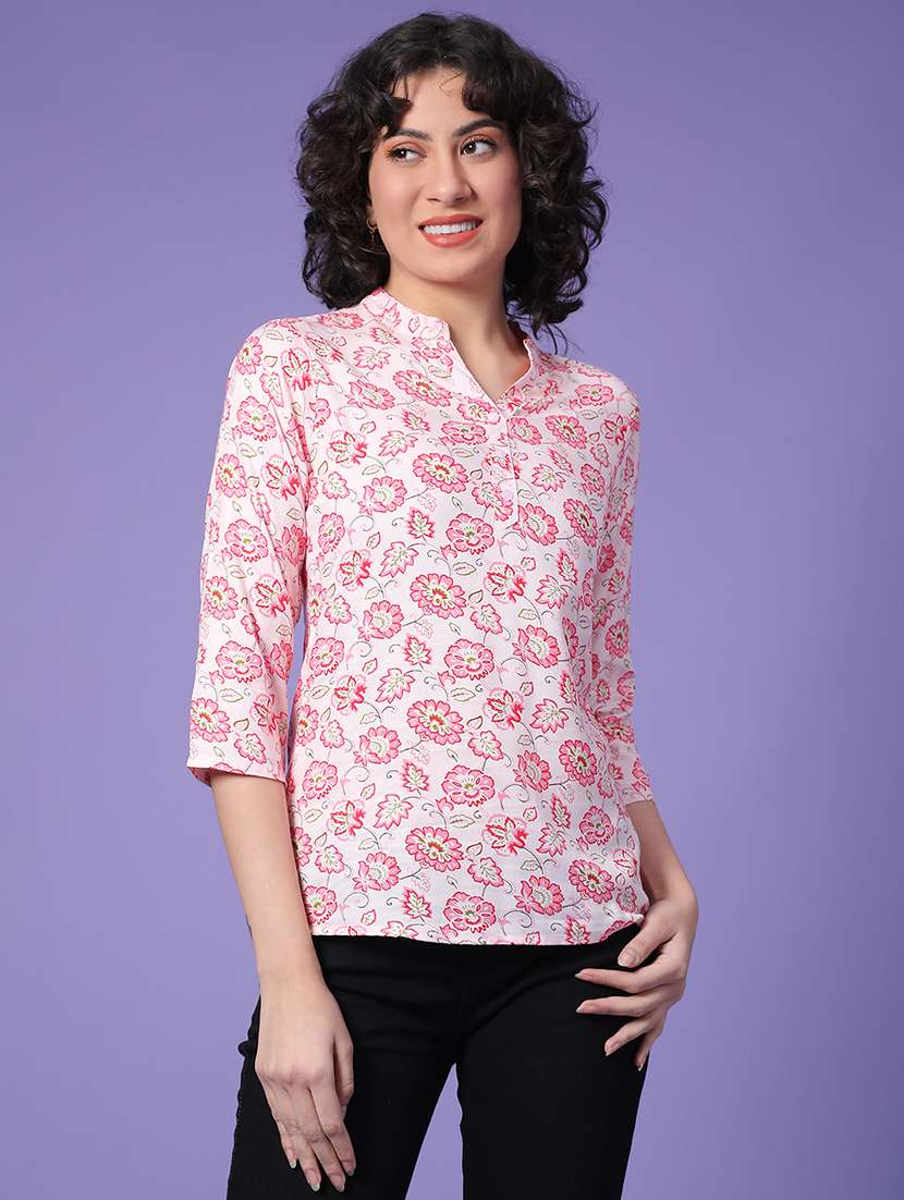 women floral print three quarter sleeve straight top