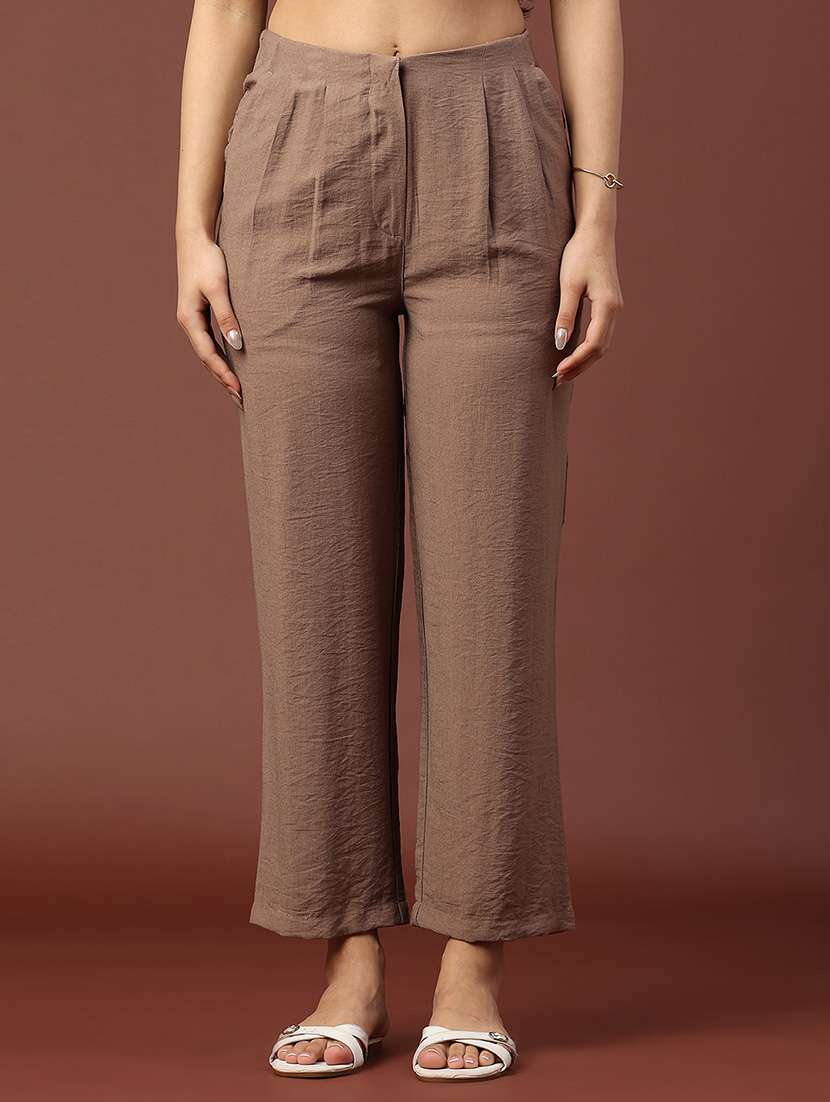 women solid mid rise straight trouser